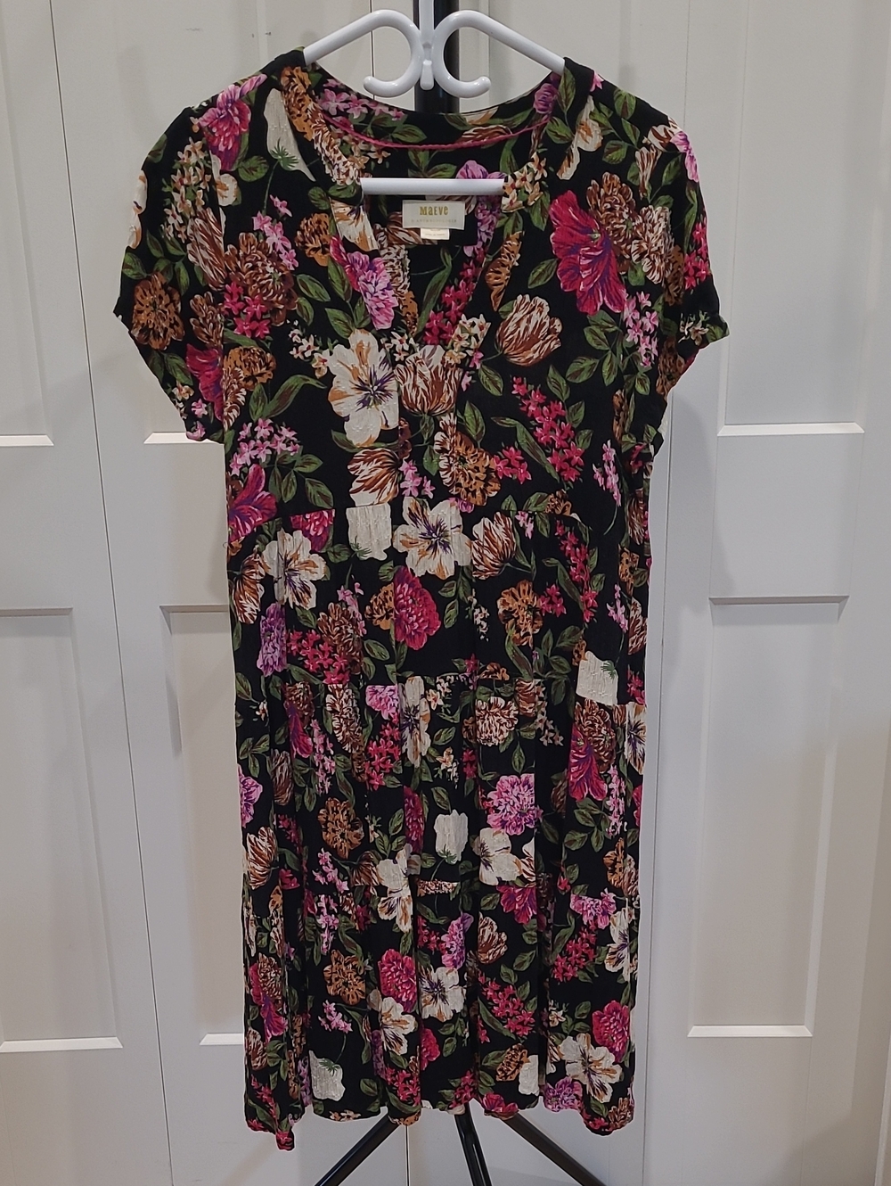 Maeve Black Floral Midi Dress with Pink & Cream Blooms